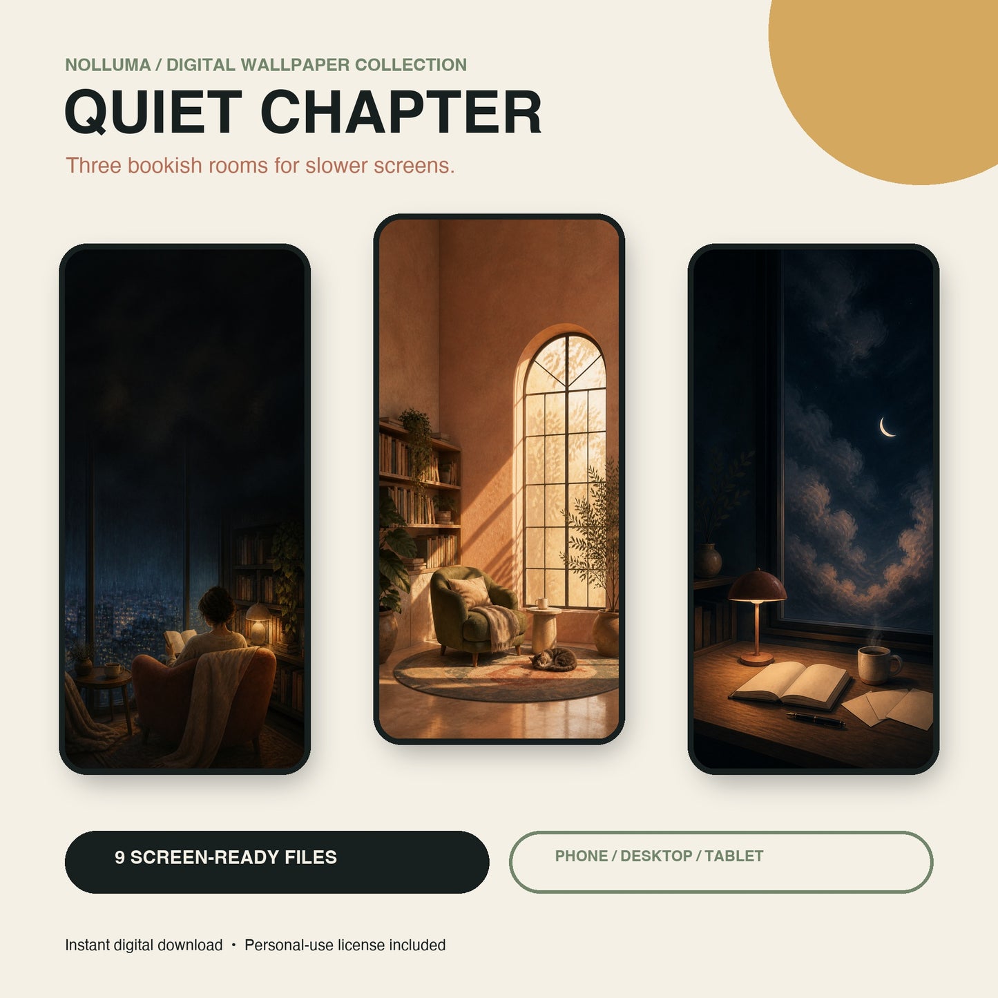 NOLLUMA Quiet Chapter — Bookish Lofi Wallpaper Collection